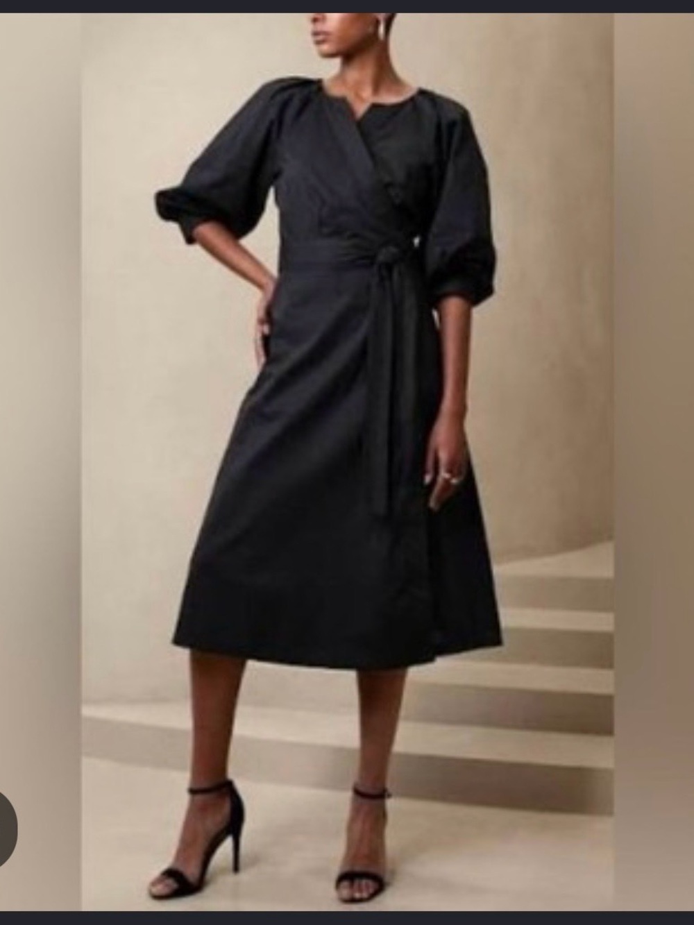 Banana Republic Black Blousant Sleeve Wrap Midi Dress